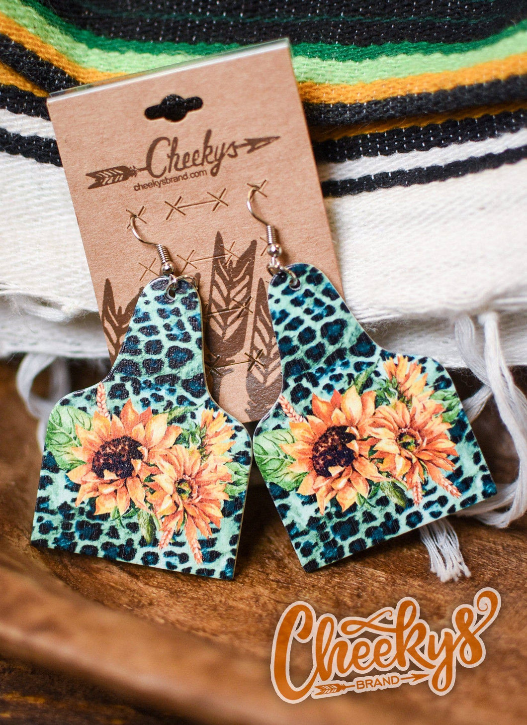 Lydia Turquoise Leopard Sunflower Cow Tag Earrings