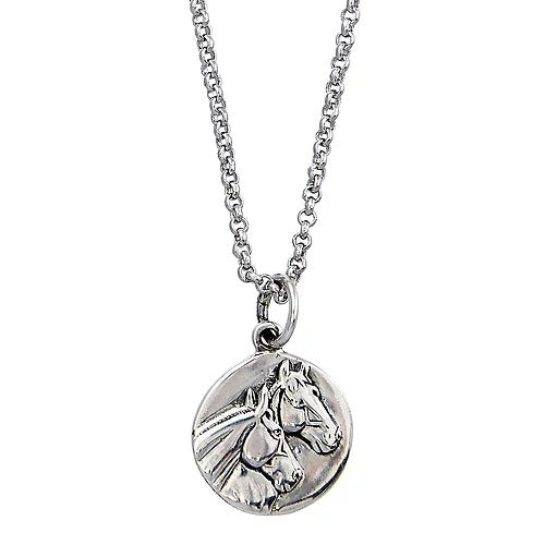 Necklace, Round Silver Horse Head Pendant & Rhodium Chain